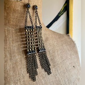 Metal Stone & Chain Long Dangle Earrings